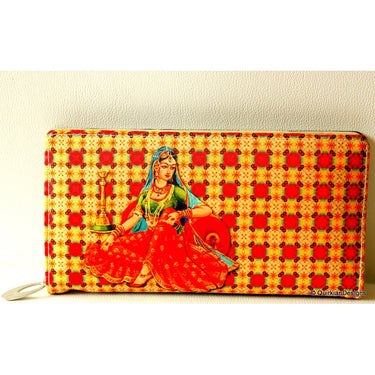 Orange Clutch Purse, Indian Design, Woman Digital Print, Faux Leather and Fabric Purse
